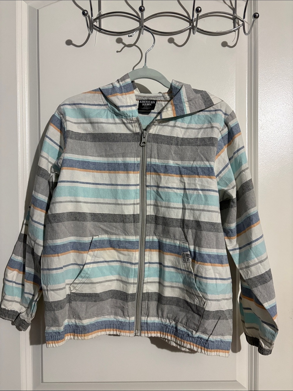 Boys American Hawk Kids Striped Hooded Zip Jacket - Gray & Light Blue